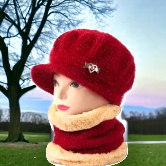 Warm 2Pc. Wool Wine Red Hat with Gold Heart Pendant with Wine Red Neck Scarf !! - Picture 5 of 11